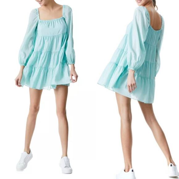 Alice + Olivia Rowen Tiered Square Neck Mini Dress Blue Puff Sleeves XS Preowned - Picture 1 of 9